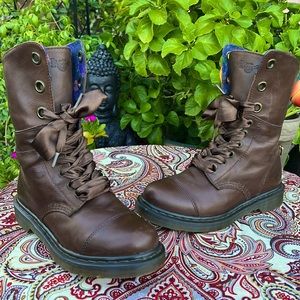 Dr. Martens Blue Floral Lined Aimilie 9 Eye Triumph Style Tall Mid Calf Boots